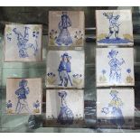 (lot of 26) Quimper French tiles, early 20th century, executed in terra cotta with blue and yellow