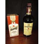 A bottle of 86% proof Seagrams 7 crown American Whiskey and a bottle of 40% proof Cointreau