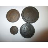 A 1797 Cartwheel penny and 3 other bronze coins