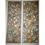 2 carved wood panels depicting  exotic birds and flora approx. 36 x 110cm