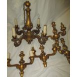 4 gilt wood wall lights and a pendant light