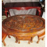 An oriental carved wood glass top coffee table together with a mahogany console table