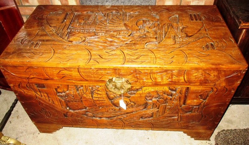 A large carved Camphor wood chest