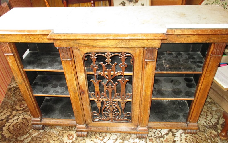 A 19th Century walnut breakfront side cabinet with marble top