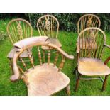 Four 19th Century wheel back chairs and a 19thC smokers bow