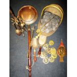 A quantity of brass and copper fire side items and a bed warmer