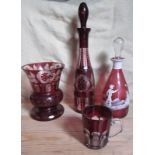 Hand cut cased Ruby glass items and a Mary Gregory style decanter