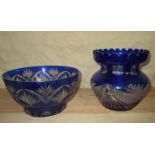 Two cased blue glass bowls each with hand cut decoration