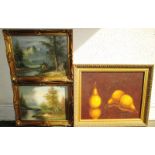 Two gilt framed oil paintings on canvas of Scandinavian lake scenes and one other