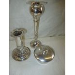 A sterling silver candlestick a silver vase and a silver pot, approx. weight 273g