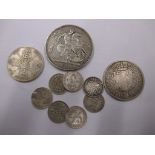 A quantity of silver coins to include an 1889 Crown