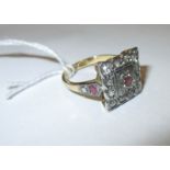 An 18ct gold Art Deco ring set with diamonds and Rubies