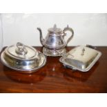 Two Victorian Silver Plated Tureens & A Victorian Teapot & Stand