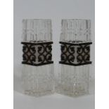 A Pair Of Edwardian Diamond Shaped Cut Glass Posy Vases Decorated With Silver & Garnets