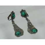 A Pair Of White Metal & Green Stone Ear Rings