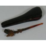 An Antique Carved Pipe With Amber Cheroot & Case