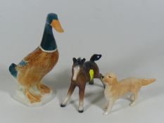 A Beswick Duck With Similar Pony & Golden Retrieve