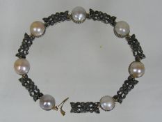 Rose cut diamond & natural pearl silver on gold br