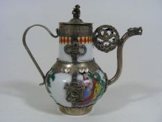 A Chinese Porcelain & White Metal Teapot