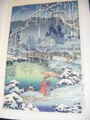 A Japanese Woodblock Print Of Snow Scene By Kyoto