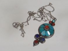 A Turquoise, Coral & Lapis White Metal Pendant & C