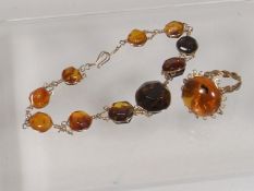 A Gold & Amber Bracelet & Ring Set