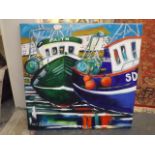 A Large Oil On Canvas Of Polperro Fishing Boats Si