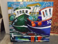 A Large Oil On Canvas Of Polperro Fishing Boats Si