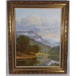 Framed Landscape Oil With Boy & Dog Fishing Signed