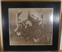 Framed Ink Wash Painting Of African Battle Scene S