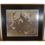 Framed Ink Wash Painting Of African Battle Scene S