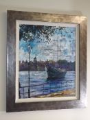 Framed Oil Of Moored Sailboat By Path C.2008 Signe