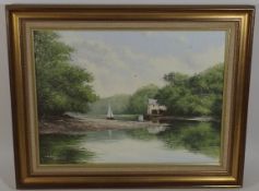 Framed Oil Of Landscape & River Scene Signed Nicho