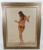 Framed Oil On Panel Of Bikini Girl Signed J. Silve