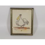 A Framed Watercolour Of Comical Bird Figure Signed