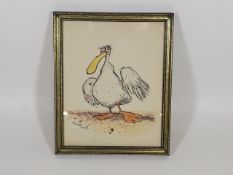 A Framed Watercolour Of Comical Bird Figure Signed