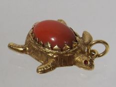 An 18ct Gold Turtle Pendant With Coral Stone, Insc
