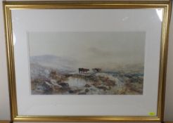 Framed 19thC. Watercolour Of Cattle On Moorland Si
