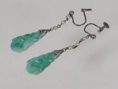 A Silver Pair Of Jade & Seed Pearl Drop Ear Rings