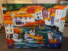 A Very Large Oil On Canvas Of Polperro Scene Signe