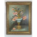 Framed Still Life Oil Of Flowers In Vase Signed Vi