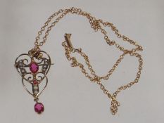 A 9ct Gold Chain & Pendant With Pink Sapphire & Se