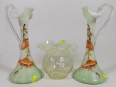 A 19thC. Vaseline Glass Vase Twinned With A Pair O