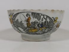 C.1800 Creamware Bowl Of Fishing Scene Decor, Smal
