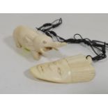 C.1920 Carved Ivory Elephant & Ivory Mask Pendant