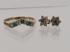 A Diamond & Emerald Ring & Ear Ring Set