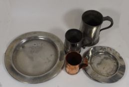A Victorian Pewter Quart, Other Pewter Items & Cop