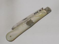 A Mother Of Pearl Fruit Knife With Silver Handle