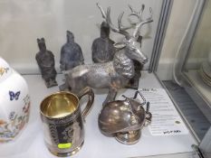 A Large White Metal Stag & Two Silver Plated Items