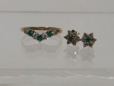 A Diamond & Emerald Ring & Ear Ring Set